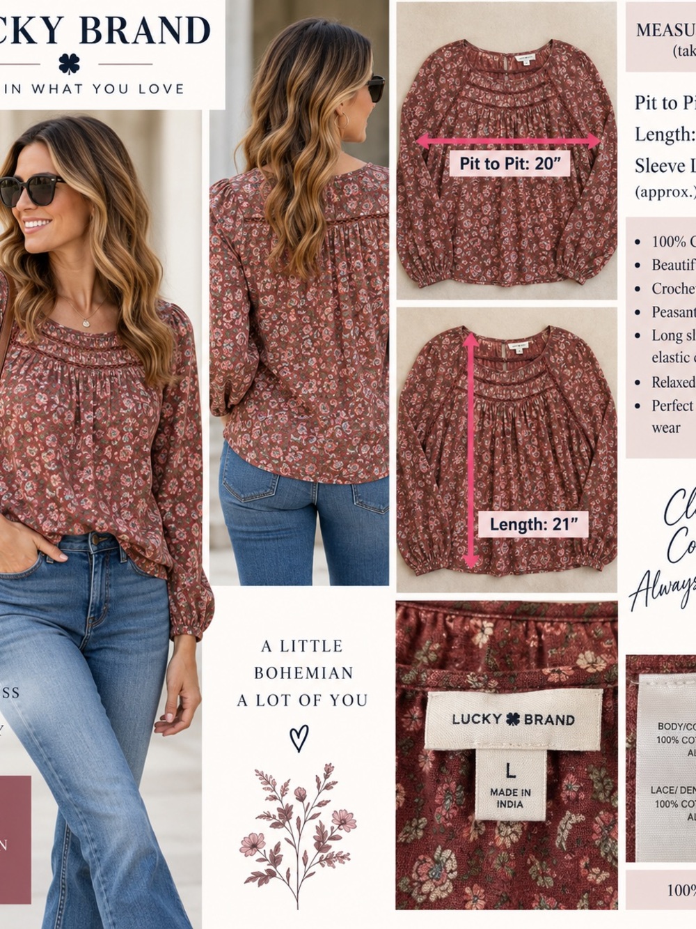 Lucky Brand Womens Rust Floral Smocked Peasant Blouse
